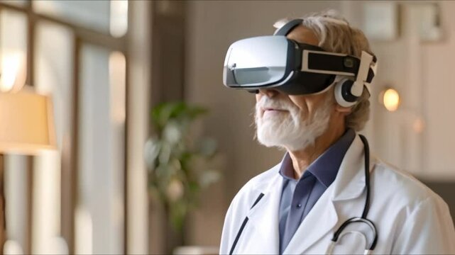 Doctor using VR headset to demonstrate technology enhancing healthcare. Concept Healthcare Innovation, Virtual Reality in Medicine, Doctor Technology Demonstration, Enhanced Patient Care