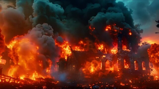 Viking barbarians raid a burning medieval village in immersive D animation. Concept Animation, Viking, Barbarians, Medieval, Village