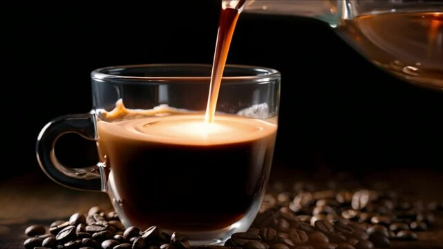 Pouring black coffee into a glass cup with AI concept. Concept Coffee Art, Glassware, AI Concepts, Pouring Techniques, Food and Technology