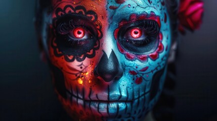 Naklejka premium Close-up of a woman's face, half adorned with vibrant skull makeup, contrasting with her natural beauty on the other half