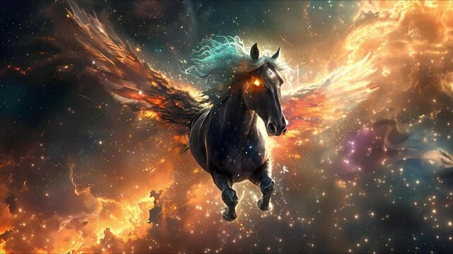 A Majestic Winged Horse Dissolving in Outer Space. Concept Fantasy Art, Outer Space, Mythical Creatures, Digital Illustration, Surrealism