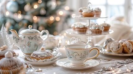 Elegant holiday tea set with pastries and cupcakes on decorated table