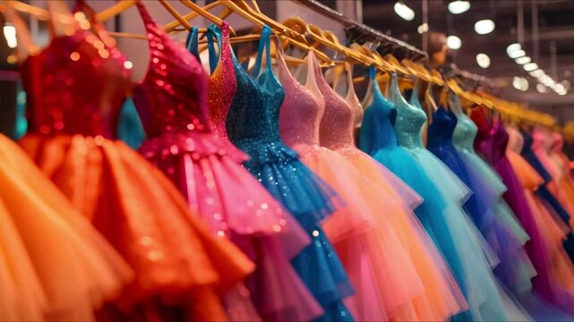 Vibrant prom dresses hanging on display in store with colorful fashion options. Concept Prom Dresses, Boutique Display, Fashion Choices, Vibrant Colors, Shopping Options