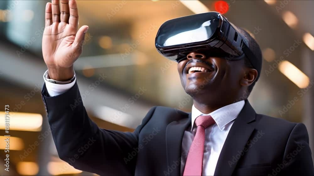 Poster a businessman using virtual interface for online cv and hr management. concept virtual interfaces, o