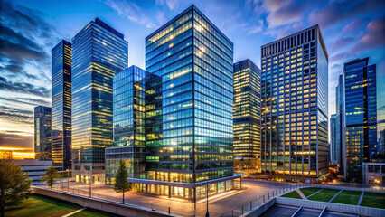 Urban cityscape at dusk features a modern glass-fronted high-rise building with gleaming windows and sleek architecture, set against a dark blue night sky backdrop.