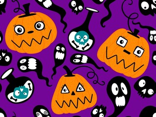 Halloween pumpkins seamless monsters pattern for wrapping paper and fabric