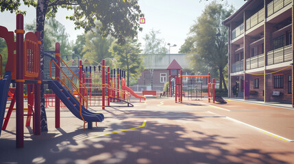 Naklejka premium Colorful School Playground with Slides and Climbing Structures