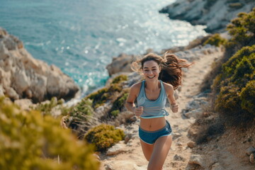 Young woman's energetic run embraces pristine mediterranean morning. She embraces day filled wellness and enthusiasm beach. Interplay of energy and tranquility vibrant coastline run.