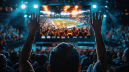 Fototapeta premium Close-up on a group of spectators with hands raised and faces joyful as they watch a race unfold on a nearby television screen