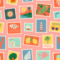 Vintage summer post card stamp seamless pattern. Retro style beach vacation postage sticker background illustration. Summertime season mail postmark texture print, postal label wallpaper.