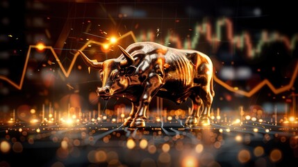 Conceptual art of a golden bull with dynamic price charts and upward arrows in the background, reflecting optimistic market trends