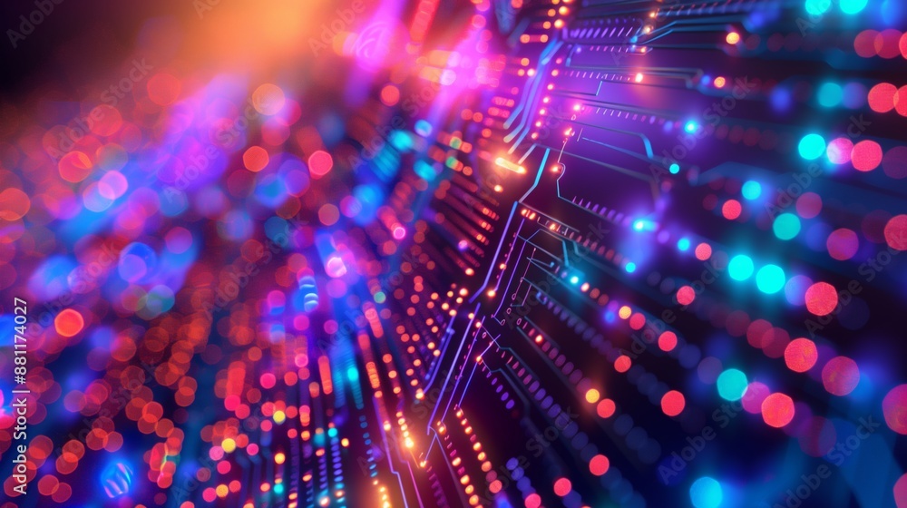 Poster ai technology, colorful light rays and circuits simple background. artificial intelligence and compu