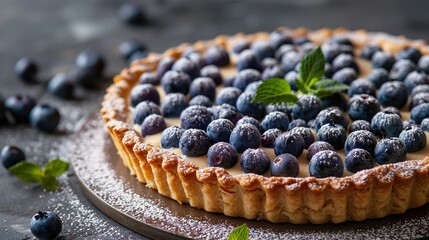 A delectable blueberry tart topped with fresh blueberries and a sprig of mint dusted with powdered sugar.