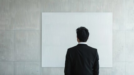 Obraz premium Strategic Planning in the Boardroom - Professional Male Executive Studying Empty Whiteboard with Focus and Determination