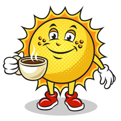 happy good cartoon sun with cup of coffee pop art retro PNG illustration. Comic book style imitation.