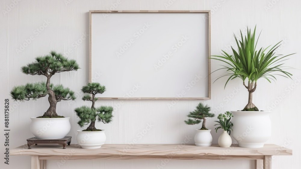 Aufkleber bonsai and palm trees in decor with mockup frame on white wall ample space for text or graphics auth
