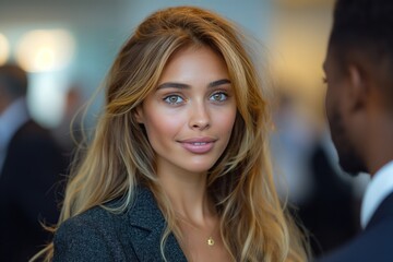 A woman with blonde hair and a necklace is smiling at the camera