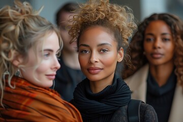 Three women with curly hair are standing together