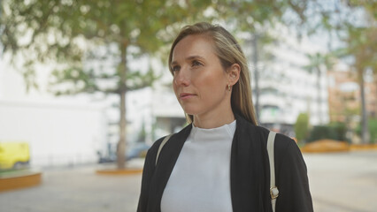 A contemplative young woman outdoors on a city street surrounded by greenery.