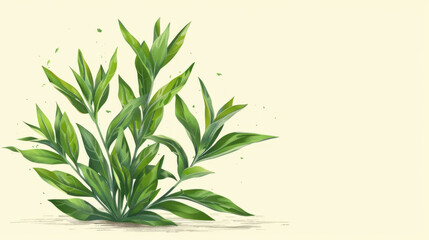 Detailed illustration of lush green plant leaves against a light beige background, showcasing nature and botanical beauty.