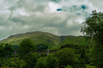Glenfinnan viaduct. Jacobite steam train. Scotland, United Kingdom. West Scottish Highlands.