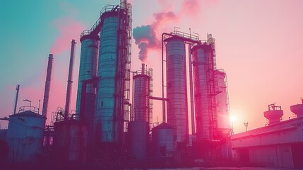Obraz premium Industrial Plant Emitting Smoke During Sunset with a Vibrant Pink and Blue Sky, Symbolizing Environmental Impact of Manufacturing