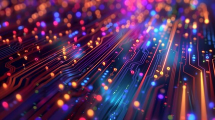 Fototapeta premium AI technology, colorful light rays and circuits simple background. Artificial intelligence and computer science concept backdrop illustration design
