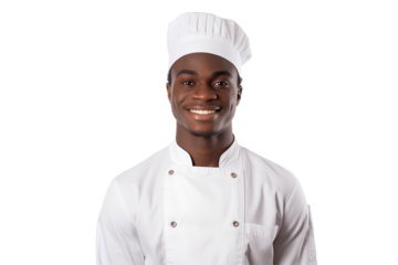 African men chef isolated on transparent background png cutouts. Images for graphic designers. Image for flyers. Topics related to cooking. Cooking world. Job offer. Recruitment. Afro american. 