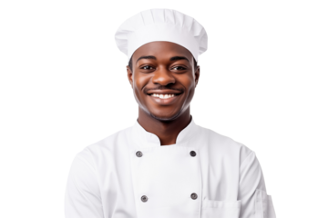 African men chef isolated on transparent background png cutouts. Images for graphic designers. Image for flyers. Topics related to cooking. Cooking world. Job offer. Recruitment. Afro american. 