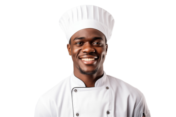 African men chef isolated on transparent background png cutouts. Images for graphic designers. Image for flyers. Topics related to cooking. Cooking world. Job offer. Recruitment. Afro american. 