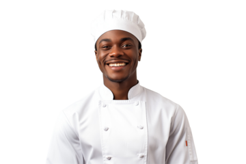 African men chef isolated on transparent background png cutouts. Images for graphic designers. Image for flyers. Topics related to cooking. Cooking world. Job offer. Recruitment. Afro american. 