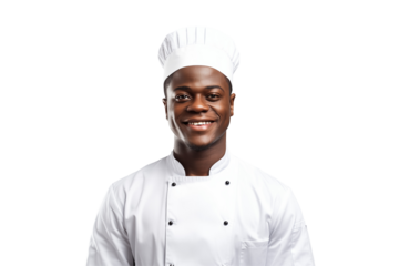 African men chef isolated on transparent background png cutouts. Images for graphic designers. Image for flyers. Topics related to cooking. Cooking world. Job offer. Recruitment. Afro american. 