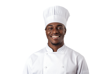 African men chef isolated on transparent background png cutouts. Images for graphic designers. Image for flyers. Topics related to cooking. Cooking world. Job offer. Recruitment. Afro american. 