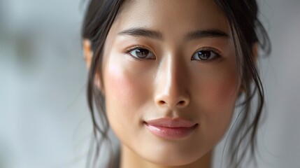 Naklejka premium Radiant Confidence - Close-up Portrait of a Young Asian Woman with Flawless Skin