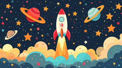 Cartoon rocket blasting off into a colorful, star-filled sky with planets and stars, capturing excitement and adventure.