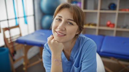 Obraz premium A beautiful young woman in a physiotherapy clinic smiles warmly, embodying comfort and professional care.