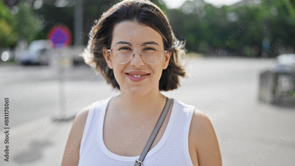 Wall mural Young beautiful hispanic woman smiling confident standing in the streets of Vienna