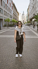 Fototapeta premium A smiling young woman in casual fashion poses on a cobblestone street with budapest's st. stephen's basilica in the background