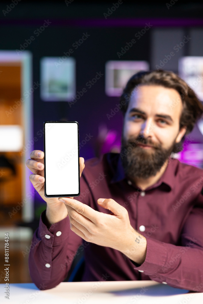Poster tech guru assessing isolated screen smartphone performance, feeling happy with high quality componen