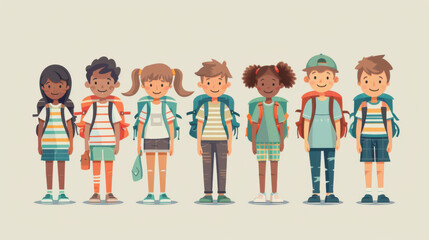 Illustration of seven diverse children standing in a row, all wearing backpacks and smiling.