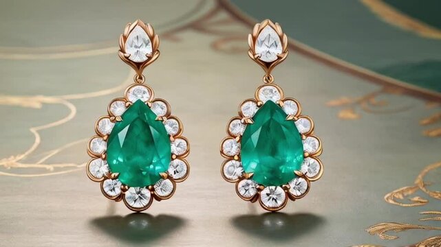 A pair of emerald and diamond earrings with a elegant drop design, featuring large emerald stones. 