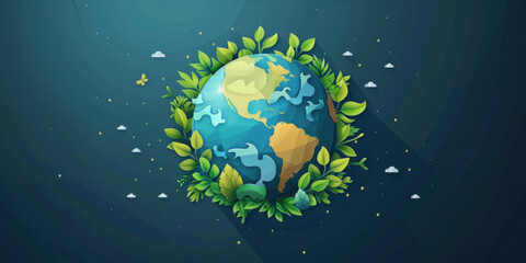 Naklejka premium Illustration of Earth surrounded by green leaves and small clouds, symbolizing environmental protection and sustainability.