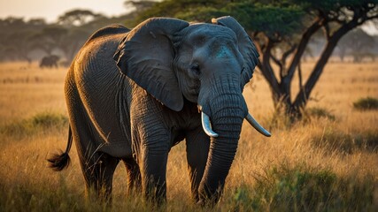 Fototapeta premium Elephant in Natural Habitat with Acacia Trees