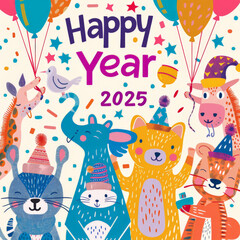 Fototapeta premium Happy New Year 2025 Celebration with Cute Animals