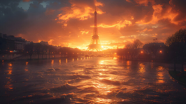 Flooded Seine with Eiffel Tower