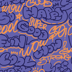 Trendy pattern Urban street art Style Hip hop Graffiti. Vector lettering ornament. Typography Background purple and orange colors