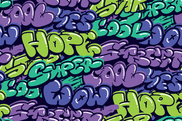 Trendy pattern Urban street art Style Hip hop Graffiti. Vector lettering ornament. Typography Background purple, green, blue