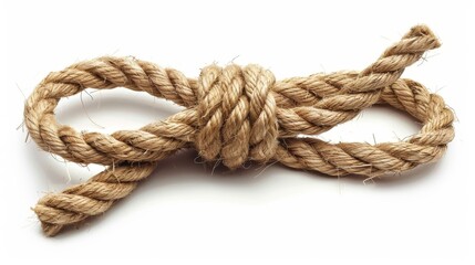 Hemp rope tied in a simple knot on a white background, top view