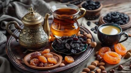 Fototapeta premium Assorted dried fruits and nuts with traditional Arabic tea in an ornate teapot and cups, on a wooden tray