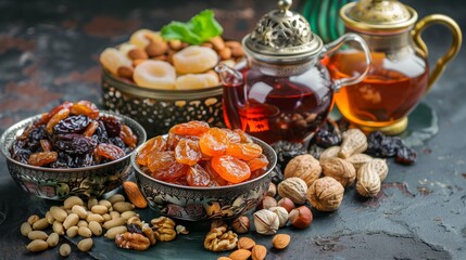 Traditional Arabic tea with bowls of dried fruits and nuts, featuring dried apricots, dates, prunes, raisins, almonds, walnuts, and pistachios, on dark background with ornate metal teapots and cups